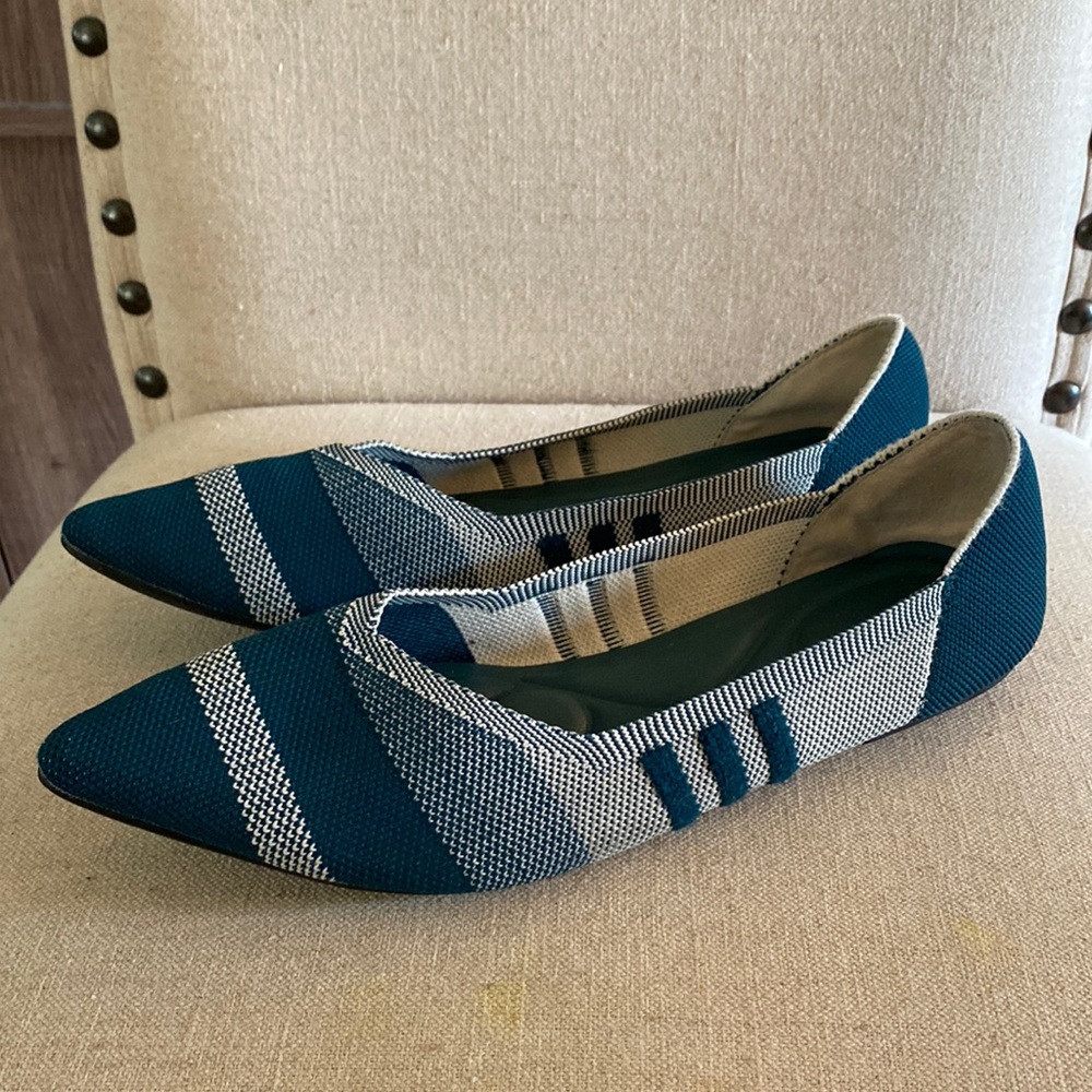 Knit Pointed Toe Lightweight Flats Shoes Slip On Striped Teal Size 10.5-11 (42)